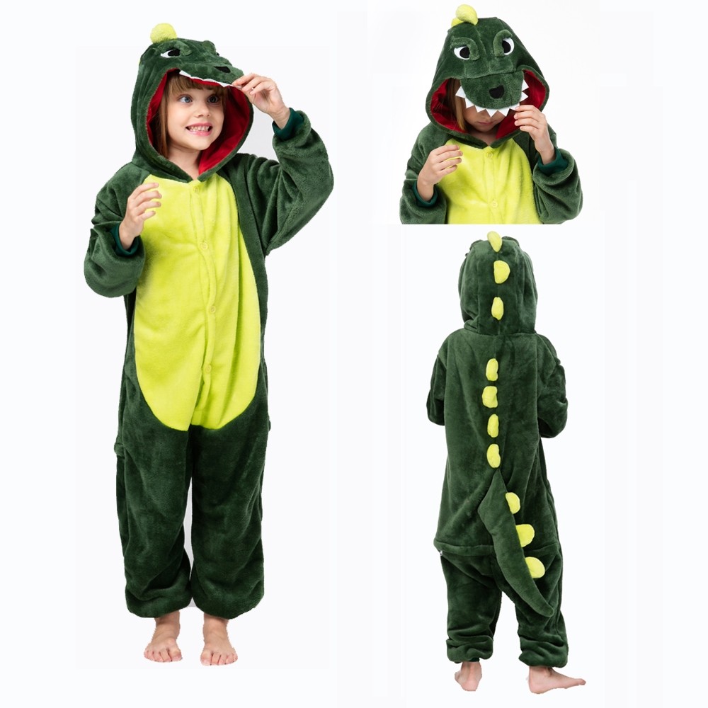 Animal Kigurumi Green Dinosaur Onesie Pajamas For Kids