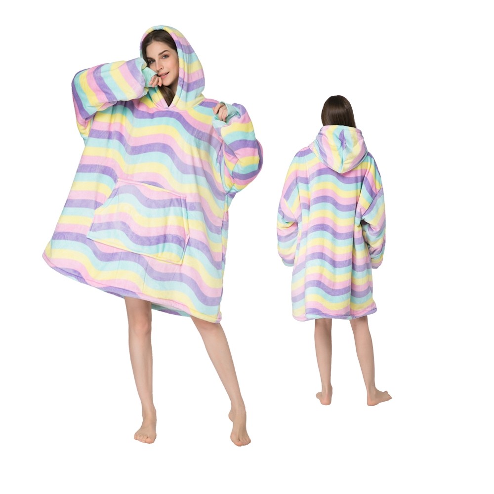 Women Macaron Wave  Oversized Blanket Hoodie Winter Warm TV Wearable Sweatshirt