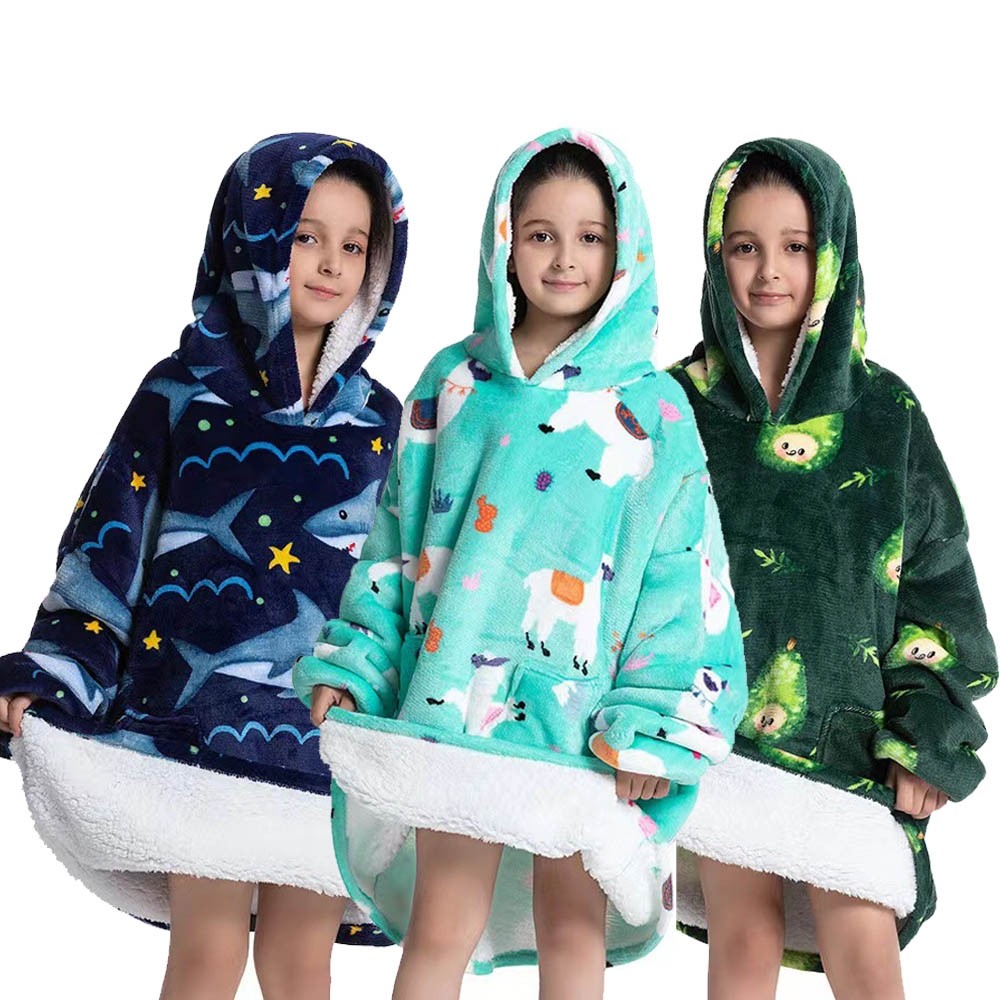 Fruit & Animal Print Soft Flannel Hoodie Sweatshirt Wearable Sherpa TV Blanket For Kids