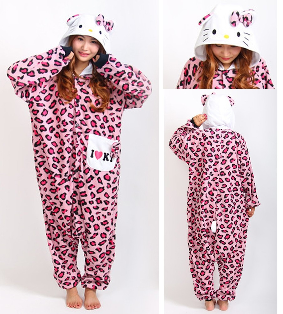 Pink Leopard KT Cat Onesie Kigurumi Cartoon Animal Costume For Adult