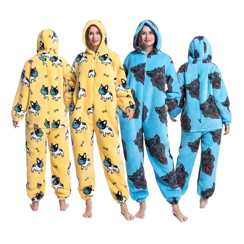 Soft Flannel Cartoon Onesie Pajamas Hooded Jumpsuit Sleepwear Wolf Head & Mask Dog Print For Adult
