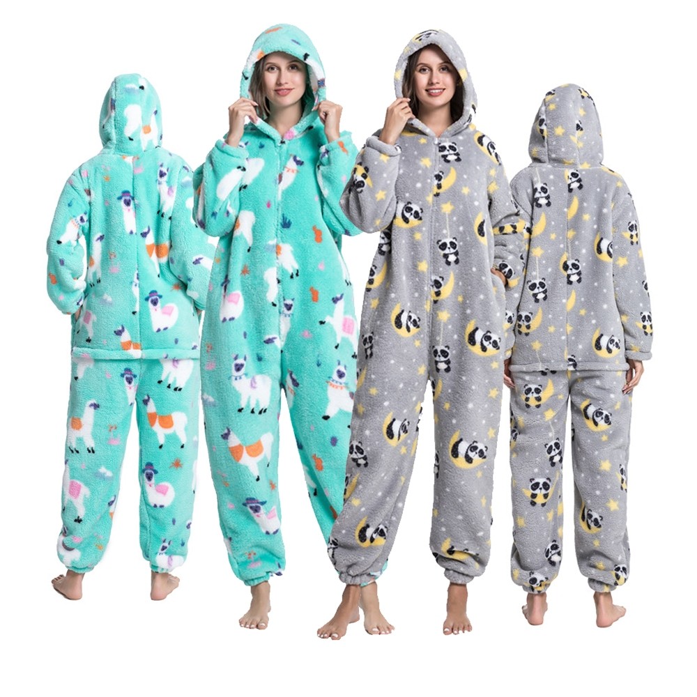 Soft Flannel Cartoon Onesie Pajamas Hooded Jumpsuit Sleepwear Panda & Alpaca Print For Adult