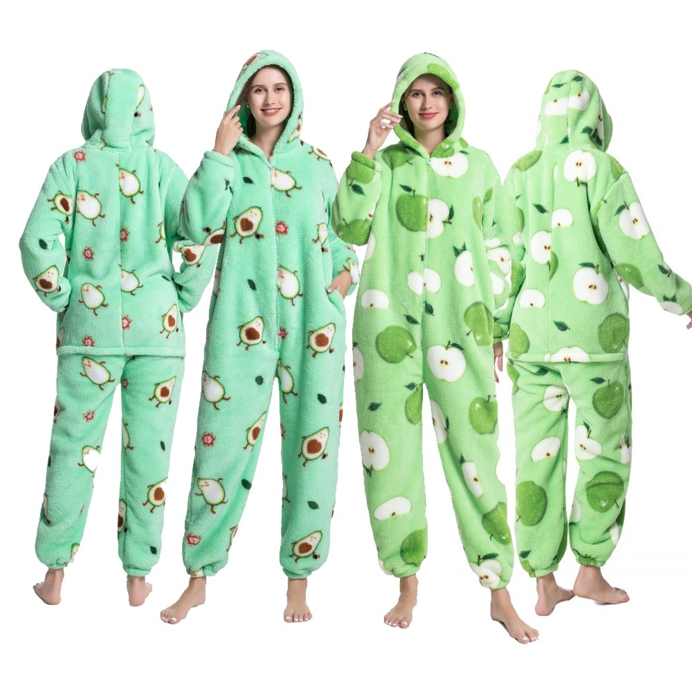 Soft Flannel Adult Onesie Pajamas Sleepwear Hooded Jumpsuit Fruit Print 