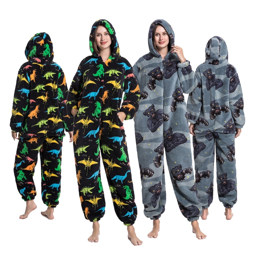 Adult Cartoon Onesie Pajamas Hooded Jumpsuit Sleepwear Dinosaur & Monster Print