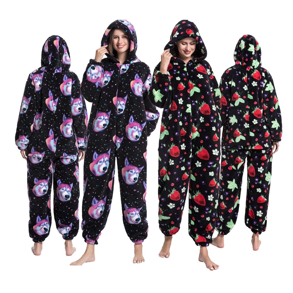 Cartoon Women Onesie Pajamas Hooded Jumpsuit Sleepwear Strawberry & Dog Head Print