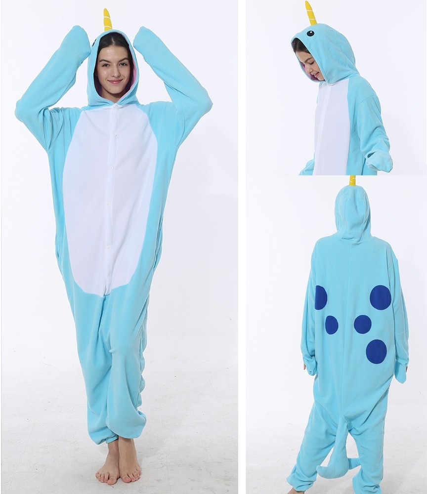 Blue Funny Animal Kigurumi Onesie Narwal Pajama Costume For Adult