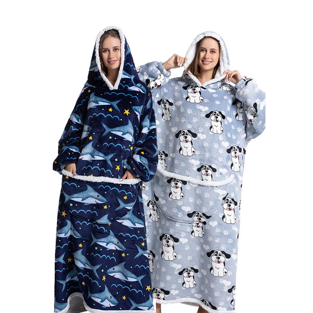 Shark & Dog Print Lengthen Soft Flannel Cartoon Print Hooded Nightgown TV Blanket 
