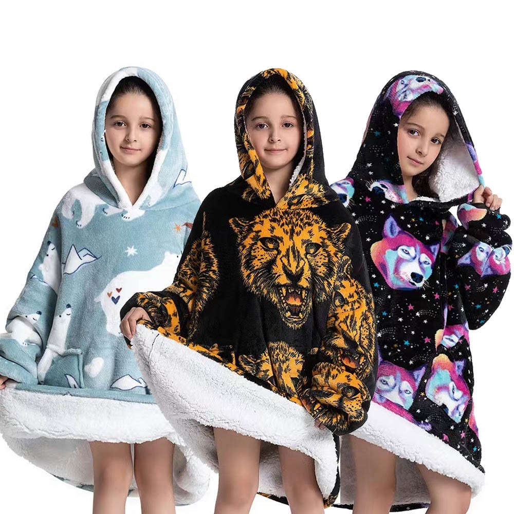 Kids Cartoon Soft Flannel Hoodie Sweatshirt Wearable Sherpa TV Blanket 