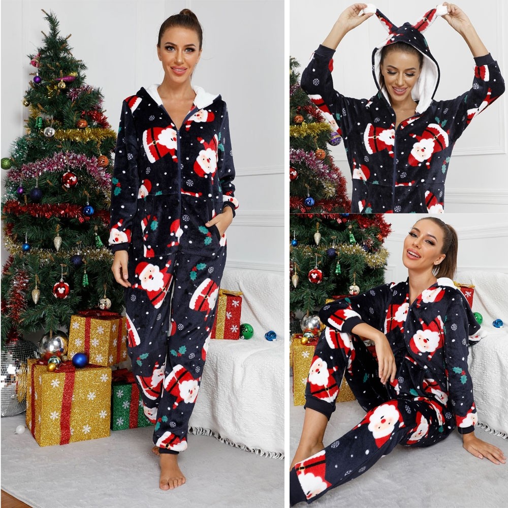 Royal Blue Santa Claus Onesie One-Piece Pajama With Hoodie Zip-Up