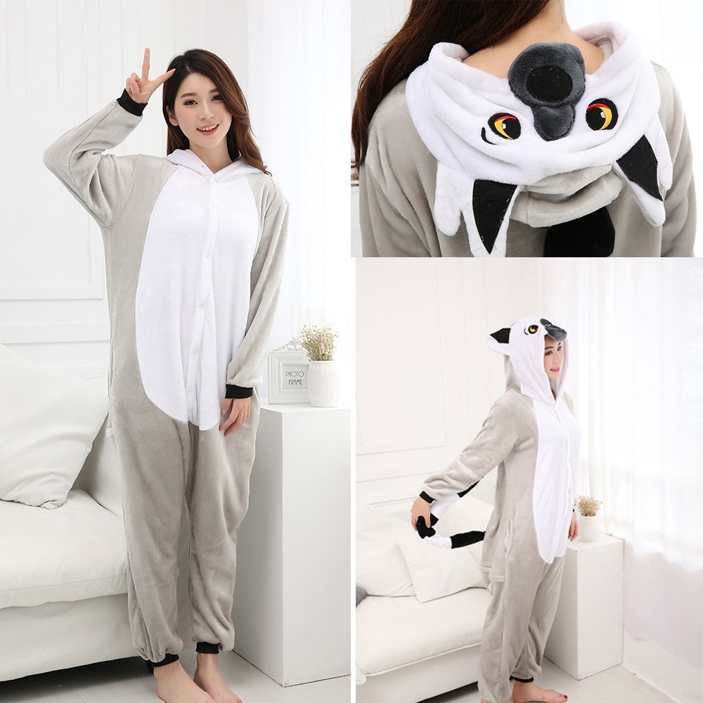 Light Grey Lemur Kigurumi Onesie Pajama Cartoon Animal Costume For Adult