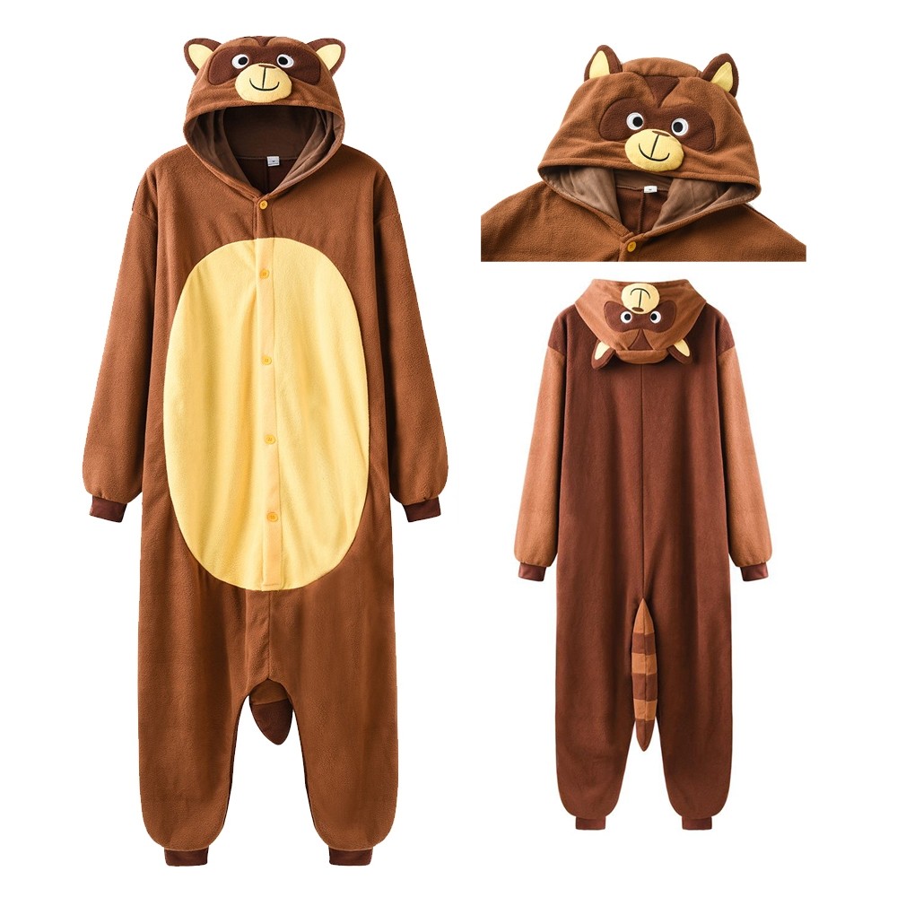 Light Brown Raccoon Bear Onesie Kigurumi Animal Pajama Costume For Adult