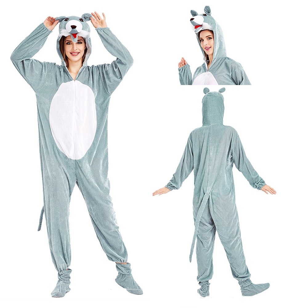 Grey Wolf Kigurumi Winter Onesie Pajama Halloween Cosplay Costume For Women and Men