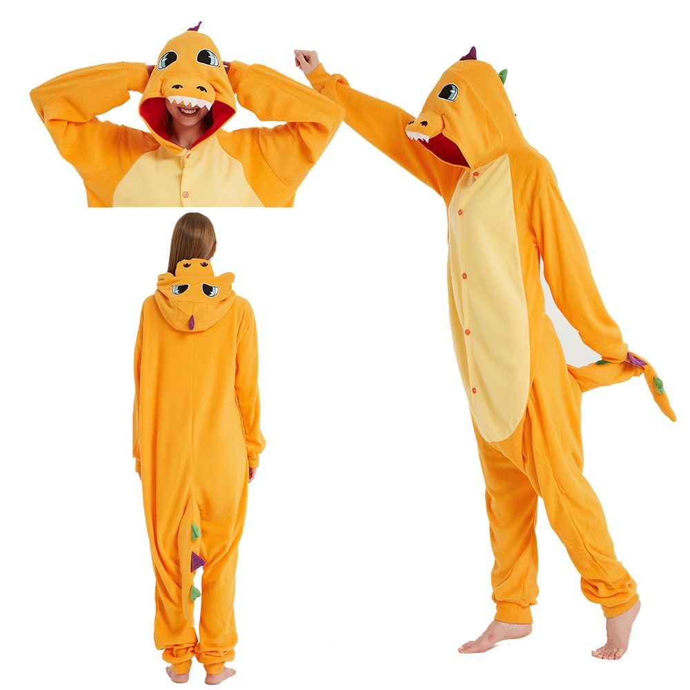 Orange Dinosaur Kigurumi Onesie Pajama Halloween Cosplay Costume For Adult