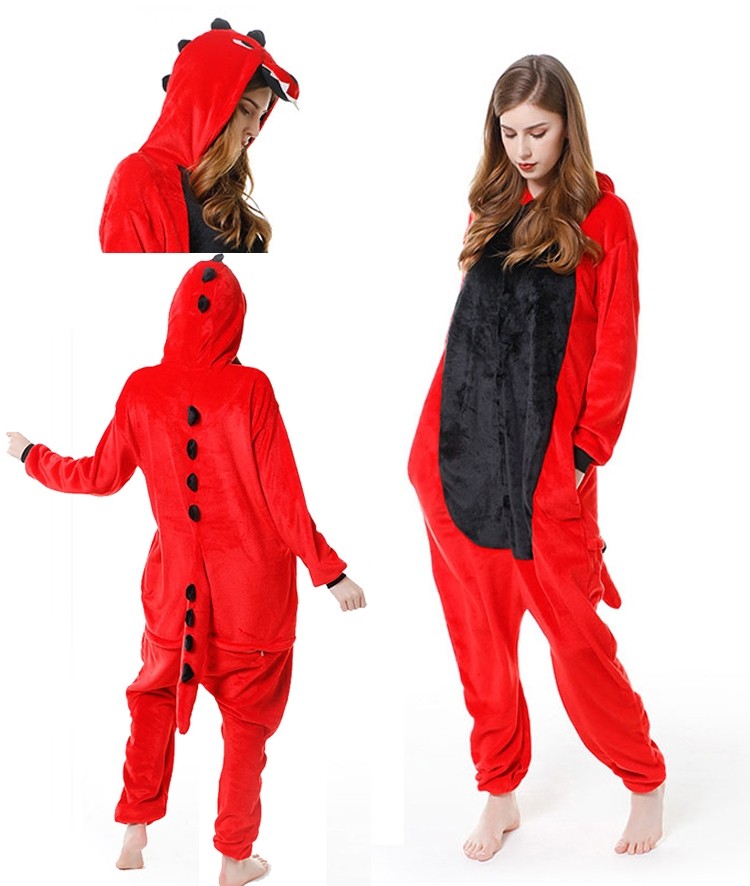 Red Dinosaur  Kigurumi Onesie Pajama Funny Cartoon Animal Halloween Costume For Adult