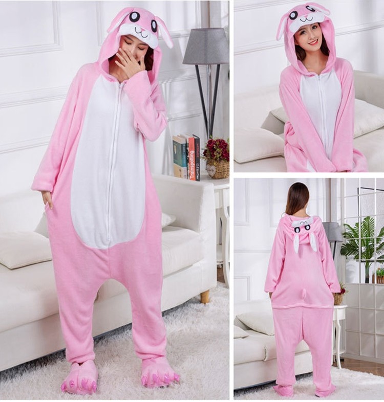 Cute Pink Rabbit Kigurumi Onesie Animal Pajama Zipper Flannel Halloween Costume For Adult