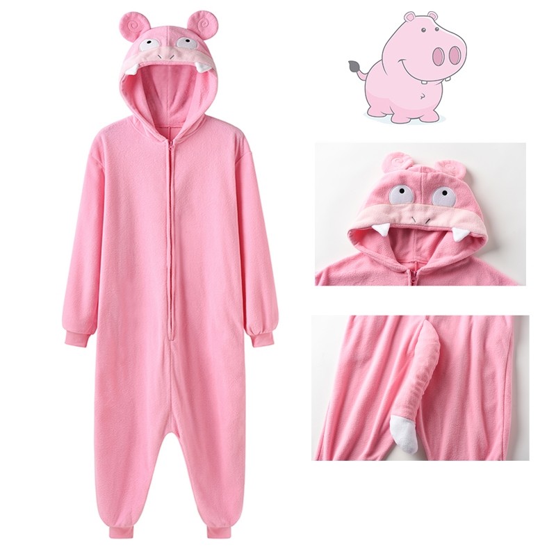  Anime Pink Hippo Kigurumi Onesie Pajama Adult Cartoon Animal Cosplay Costume