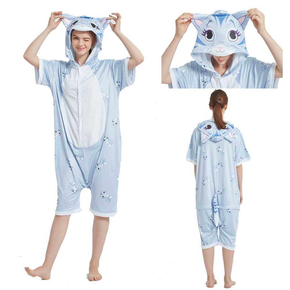 Blue Cat Pajama Short Sleeve Hoodie Kigurum Onesie For Adult