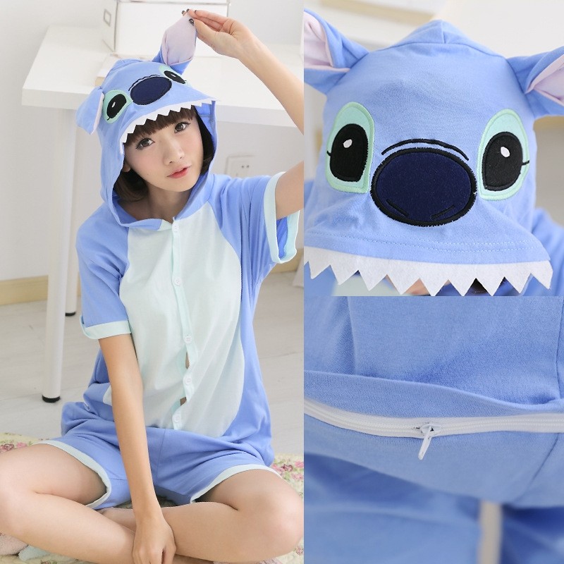 Adult Blue Stitch Cartoon Hoodie Onesie Pajamas Kigurumi Short Sleeve 