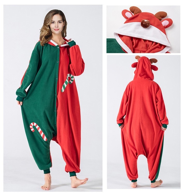 Green and Red Christmas Deer Kigurumi Onesie Pajamas Christmas Funny Costumes
