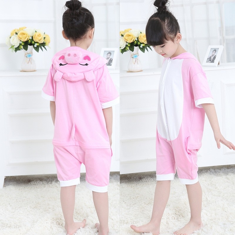 Cute Pink Pig Cartoon Hoodie Summer Onesie Pajamas Kigurumi For Kids