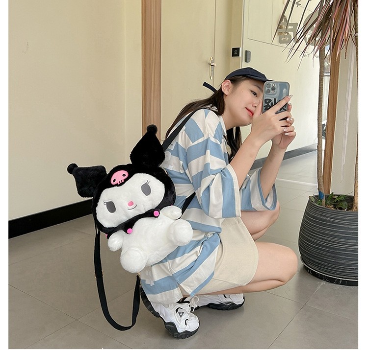 Ins Cute Black Kuromi Soft Plush Cartoon Girls Large Backpack
