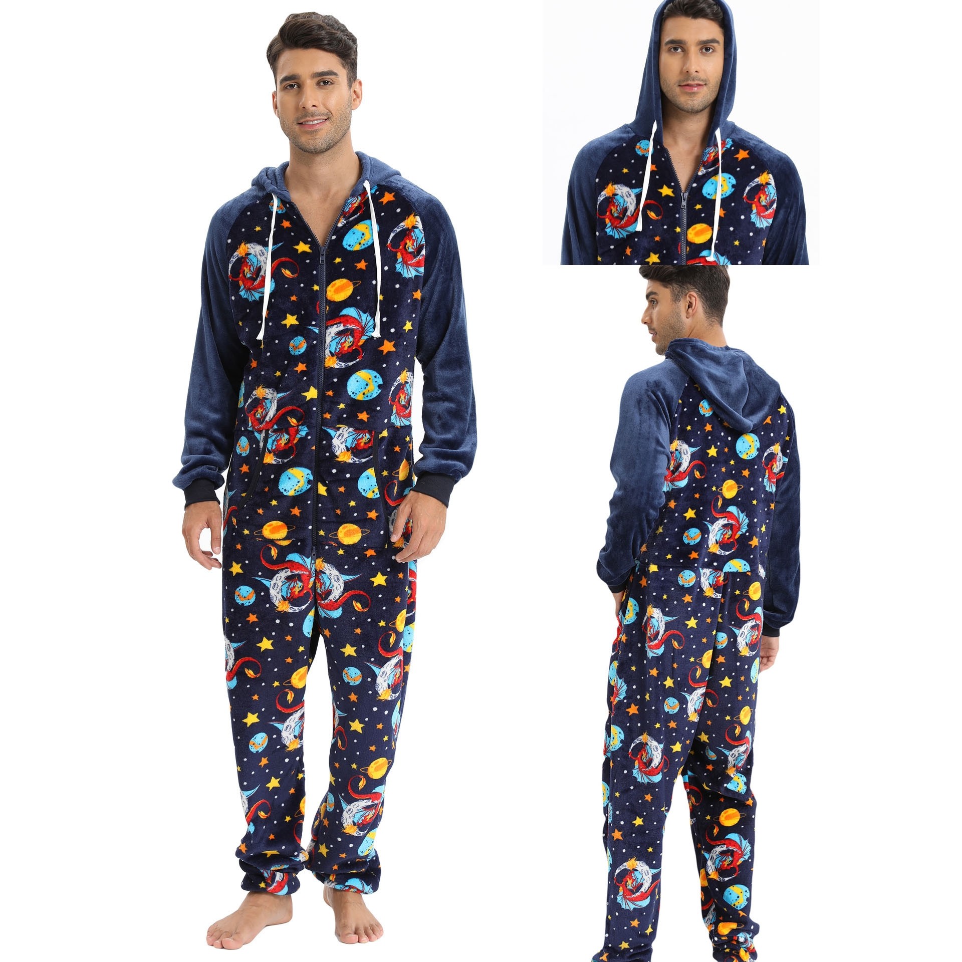 Navy Blue Starry Sky Men's  Hooded Onesie Pajamas Christmas Costume