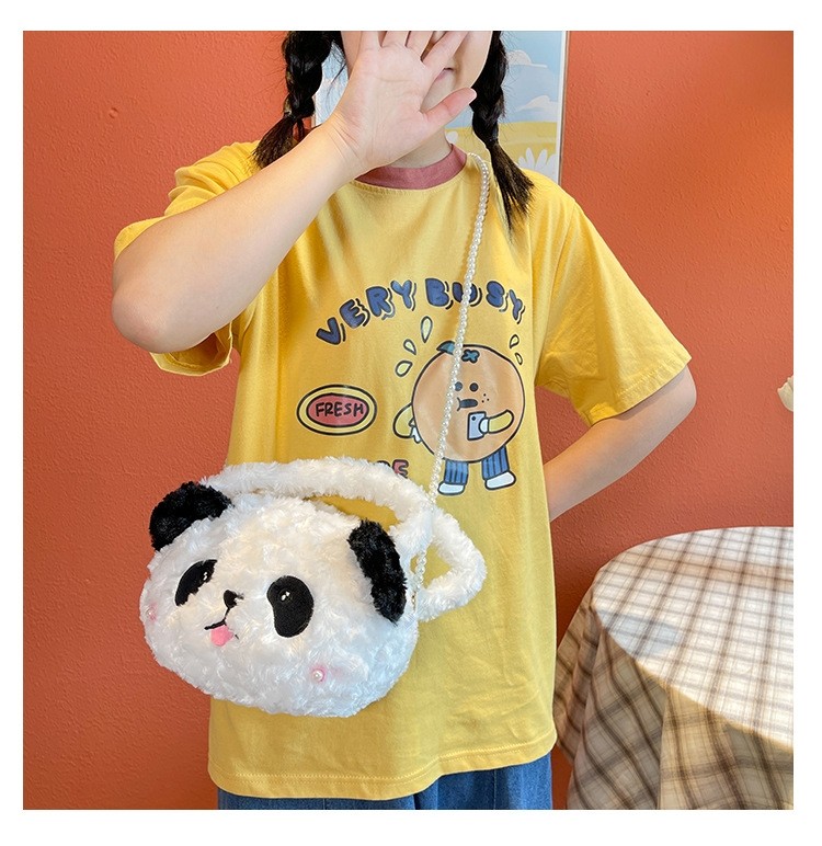 Cartoon Cute Pearl Chain Panda Sweet Animal Plush Handbag Cross-Body Bag
