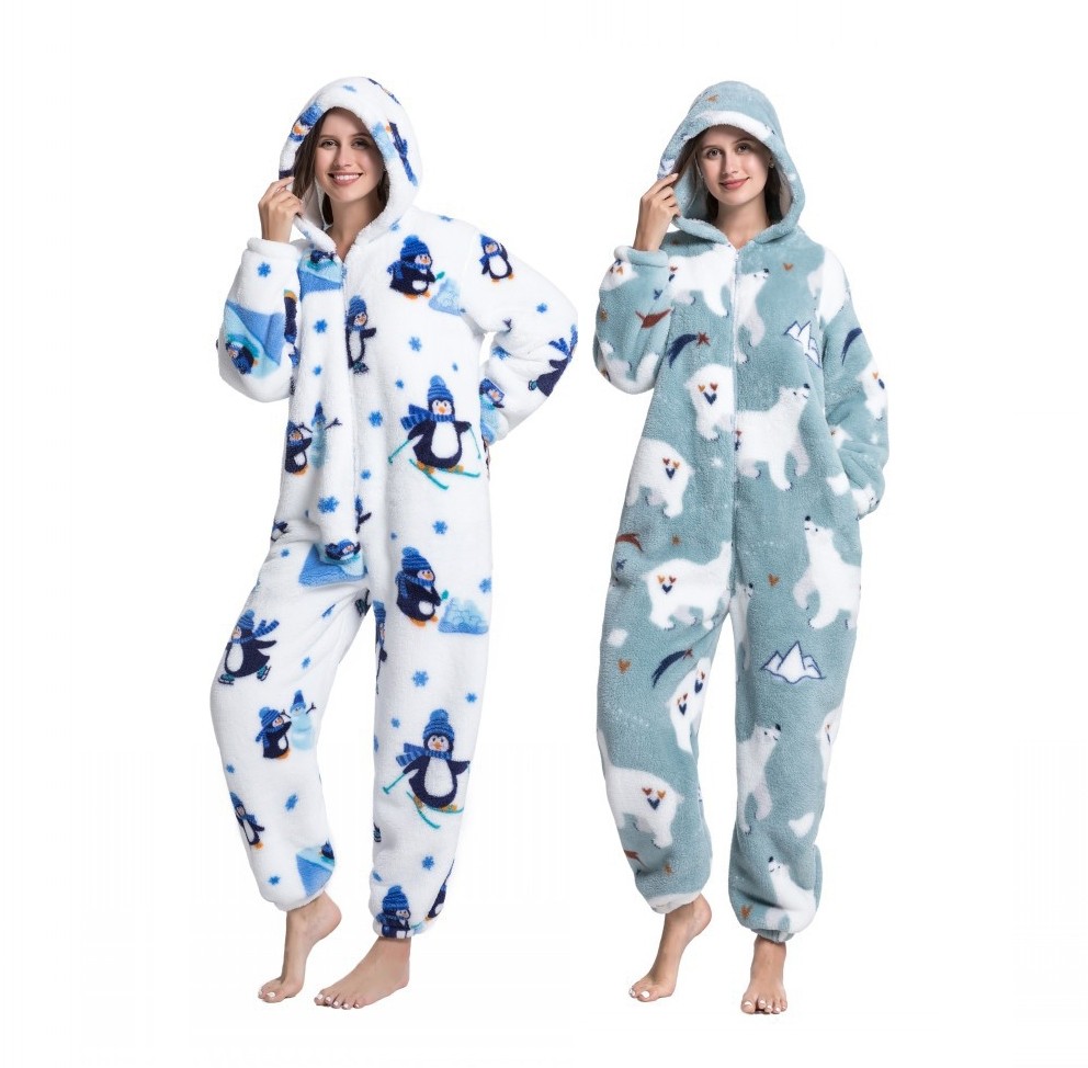 Polar Bear & Penguin Print Soft Flannel Sleepwear Onesie Pajamas Adult Hooded Jumpsuit