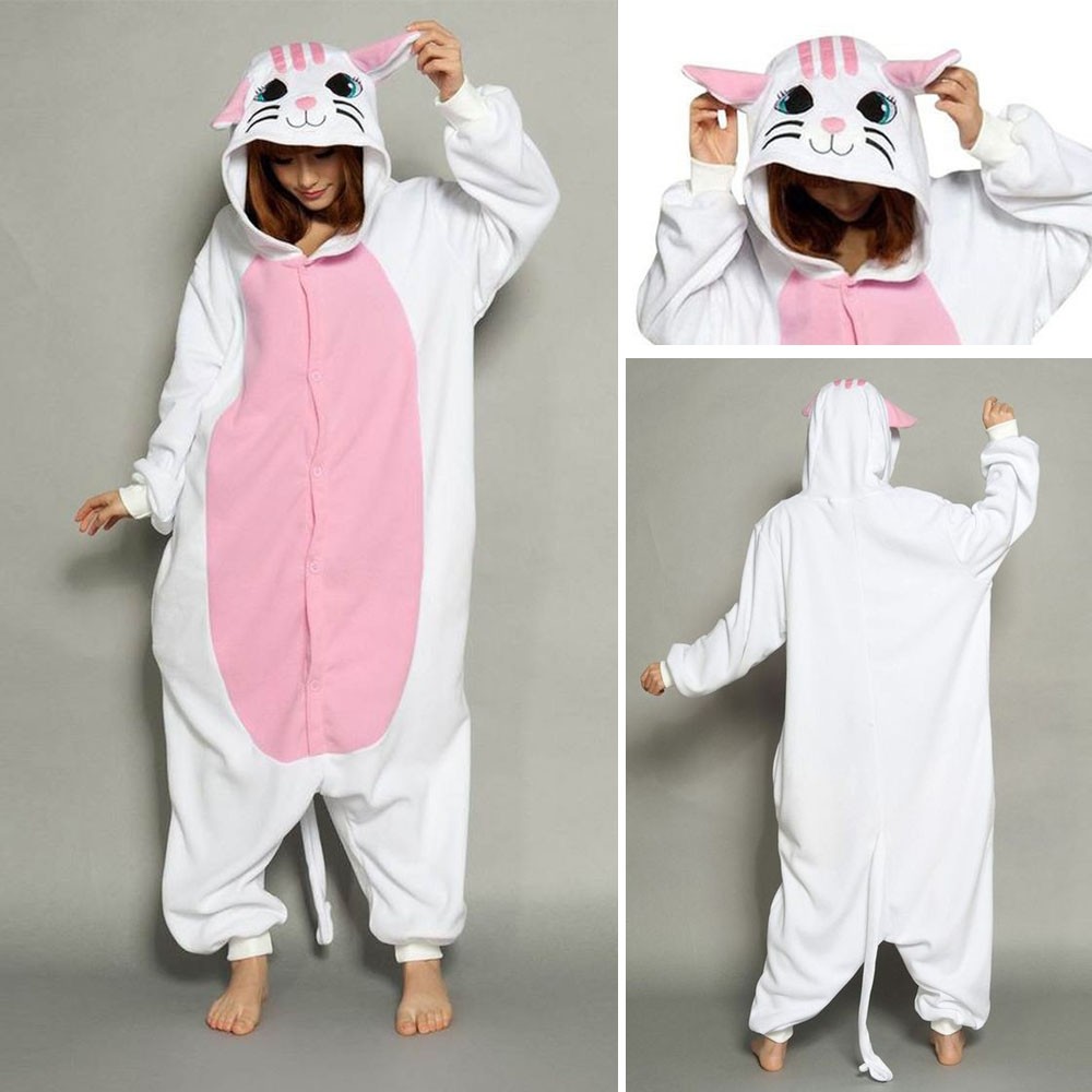 White and Pink Cat Kigurumi Onesie Animal Pajamas