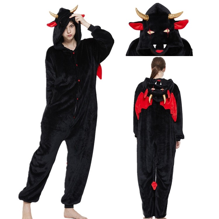 Black Devil Kigurumi Onesie Cartoon Pajama Costume For Adult