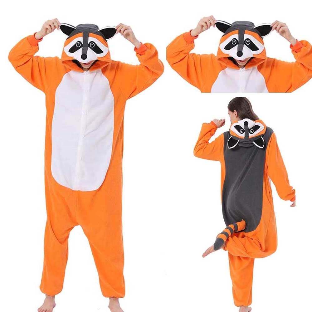 Orange Raccoon Kigurumi Onesie Pajama Cartoon Animal Cosplay Costume For Adult