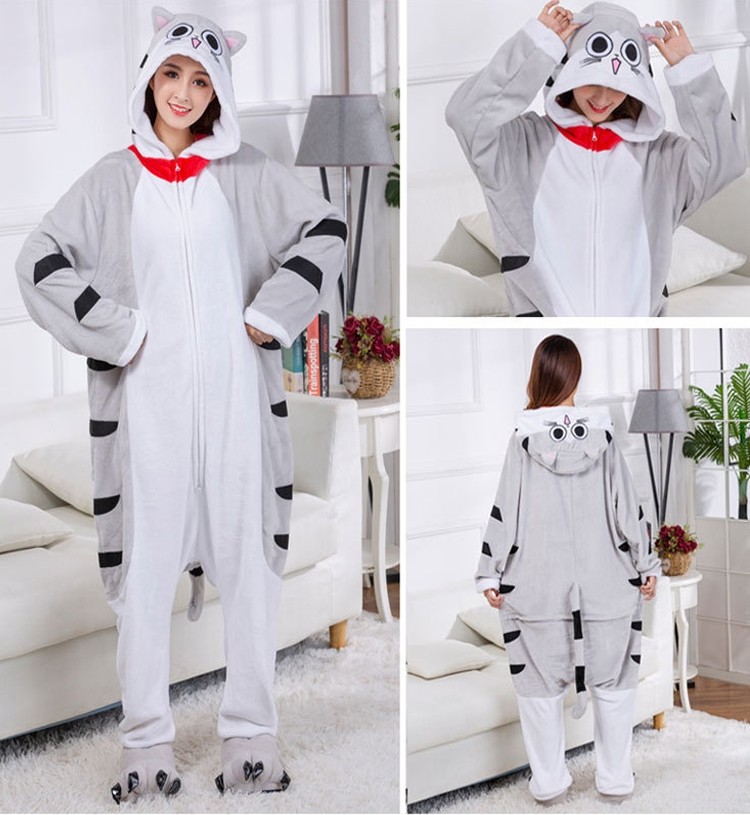 Cheese Cat Kigurumi Oneise Cartoon Animal  Zip-up Flannel Costume For Adult
