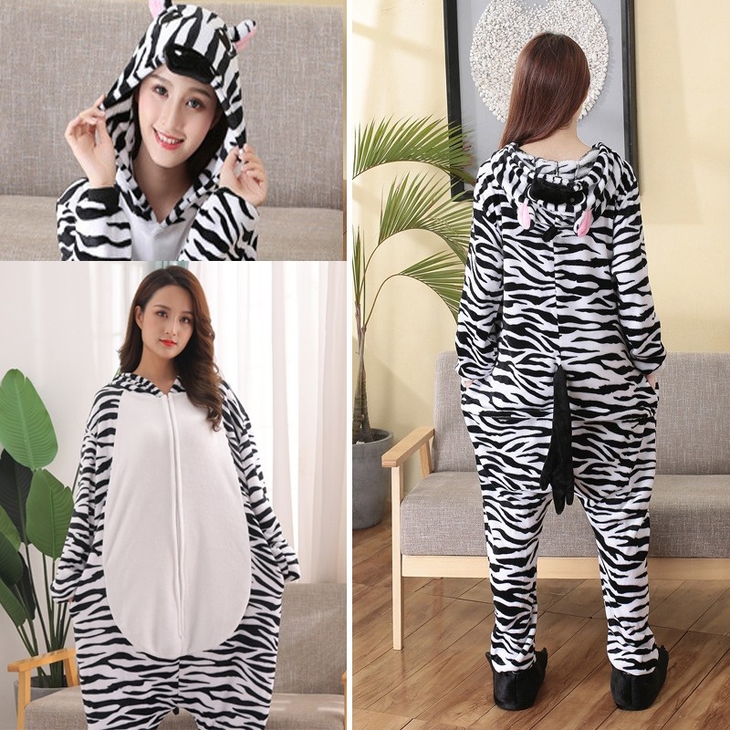 Zebra Kigurumi Onesie Pajama Cartoon Animal Flannel Zip-up Costume For Adult