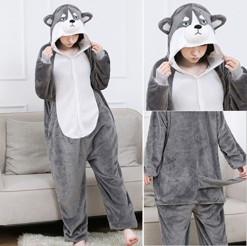 Grey Shiba Inu Kigurumi Onesie Pajama Cartoon Unisex Animal Costume 