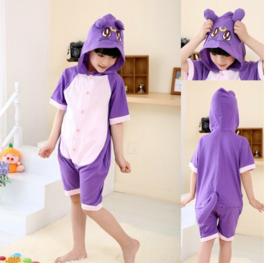 Kids Purple Cat Cute Cartoon Hoodie Summer Onesie Pajamas Kigurumi