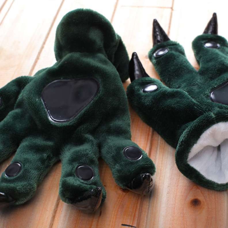Dark-Green Animal Paw Flannel Gloves 