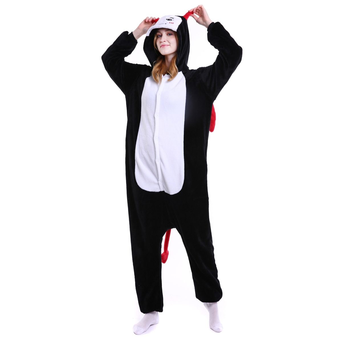 Unisex Kigurumi Black White Demon Onesies Animal Pajamas For Adults