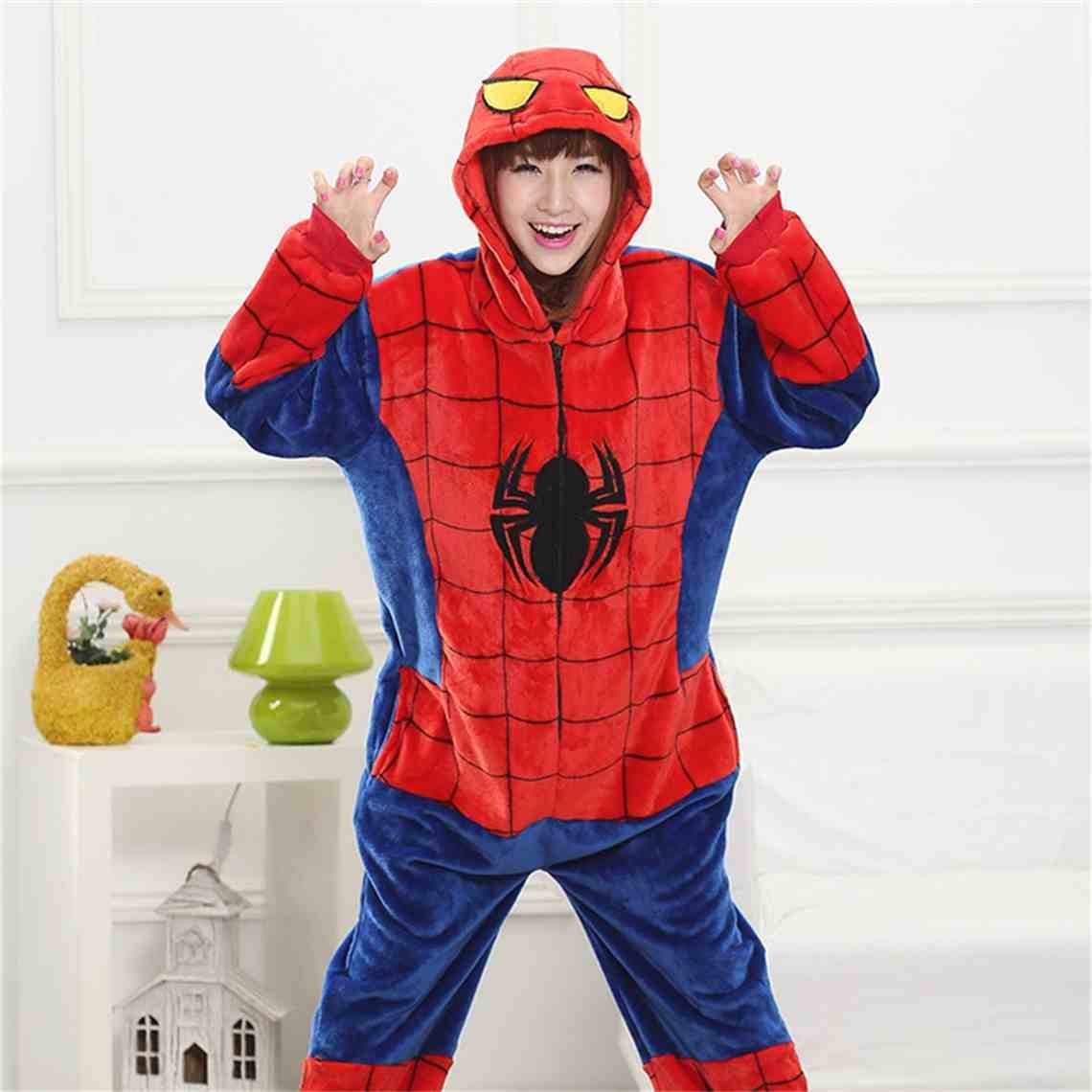 Kigurumi Red-Blue Spider Man Onesies Flannel Pajamas For Adults