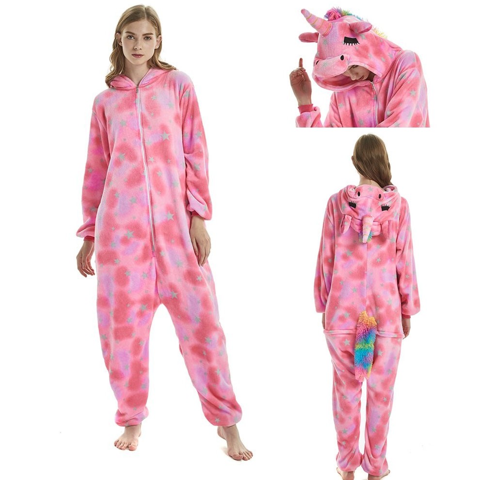 Pink Star Pattern Unicorn Onesie Pajamas With Rainbow Tail And Mane