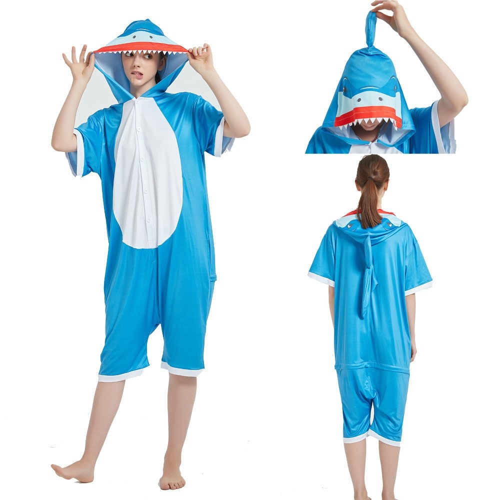 Adult Blue Shark Short Sleeve Hoodie Kigurumi Summer Onesie Pajamas