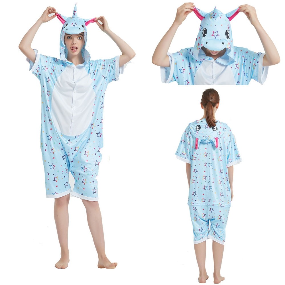 Blue Star Unicorn Short Sleeve Hoodie Kigurumi Summer Onesie Pajamas