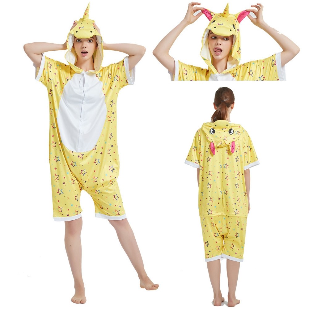Yellow Star Unicorn Short Sleeve Hoodie Kigurumi Summer Onesie Pajamas