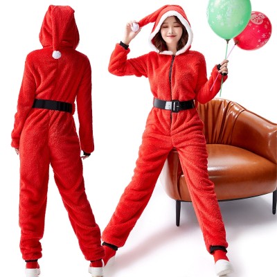 Red Santa Claus Casual Onesies Christmas Pajama Costumes With Belt For Adults