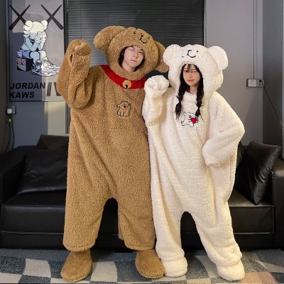 Cute Bear Couple Matching Pajamas Onesie Winter Thickened Coral Velvet Cartoon Cozy Kigurumi