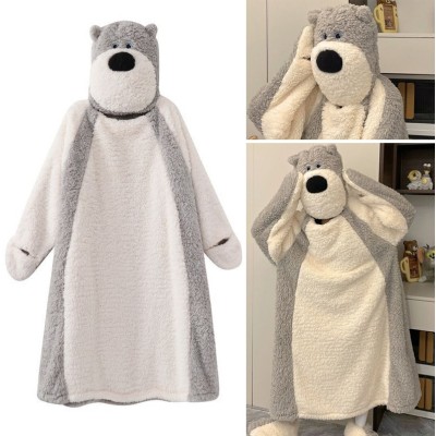 Adult Cute Husky Thickened Coral Velvet Nightgown Cartoon Hooded Pajamas TV Blanket