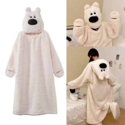White Puppy Thickened Coral Velvet Nightgown Cute Cartoon Hooded Pajamas TV Blanket For Adults