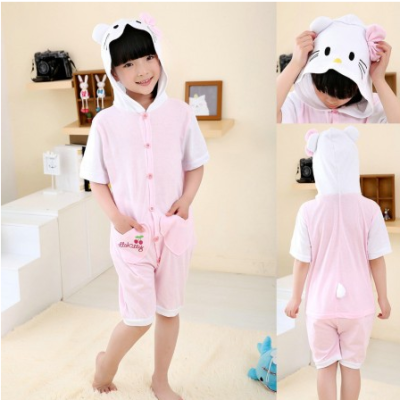 Kids Pink KT Cat Cartoon Hoodie Summer Onesie Pajamas Kigurumi