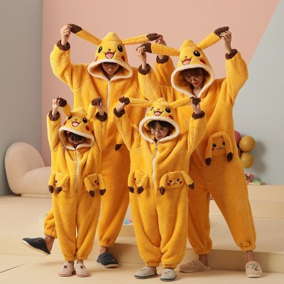 Pokemon Pikachu Matching Family Christmas Pajamas Set Thick Coral Fleece Holiday Kigurumi