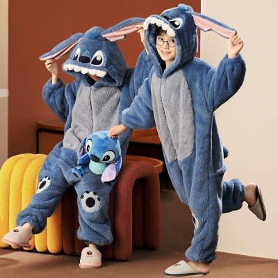 Cute Stitch Onesies Pajama Kigurumi Thick Coral Fleece Cosplay Costumes For Kids