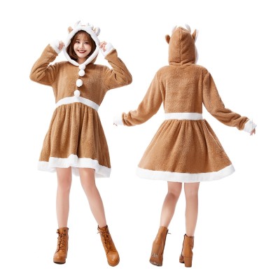 Christmas Elk Dress Coral Velvet Cosplay Animal Christmas Outfit For Adult